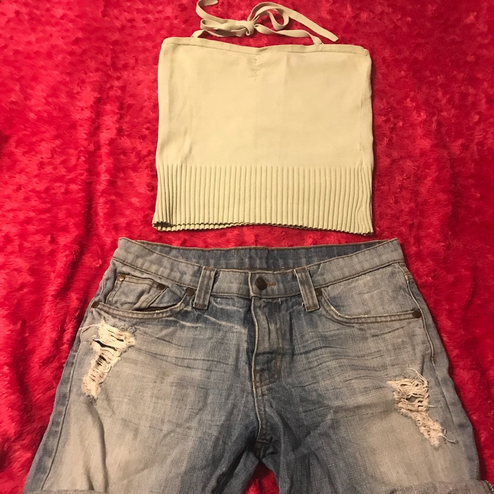 Green Bebe Crop Top & Distressed Shorts